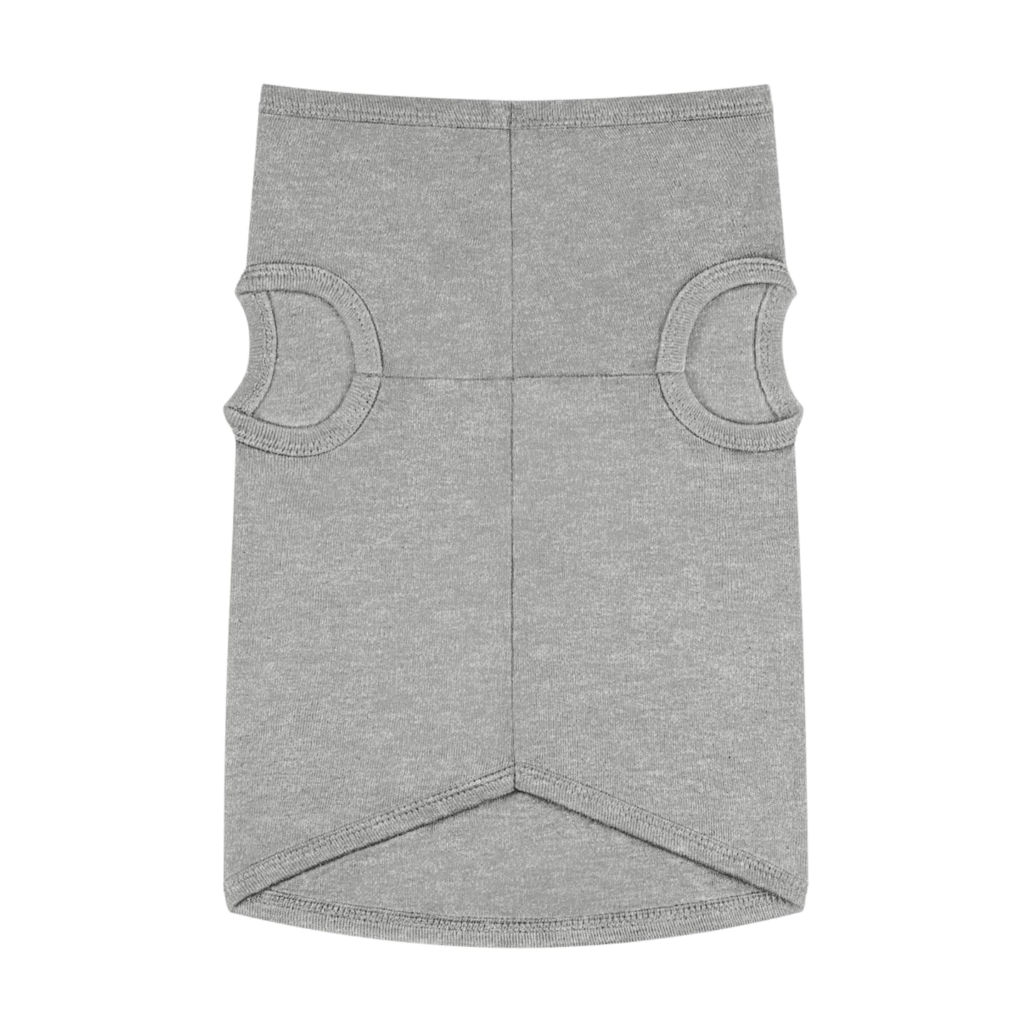 A flat lay image of a dog shirt in a light gray color. The shirt has two circular cutouts for the dog's front legs and a longer back section.