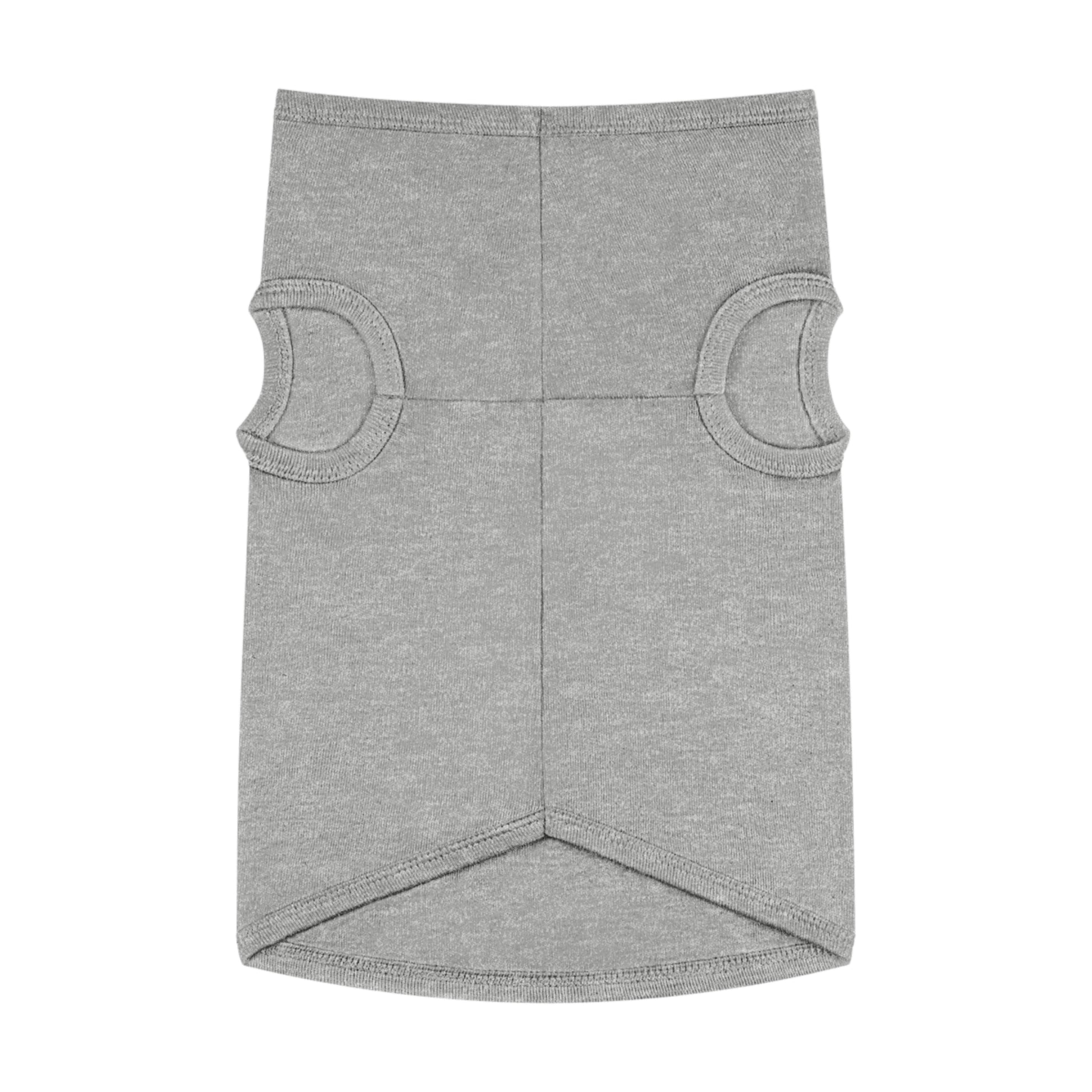 A flat lay image of a dog shirt in a light gray color. The shirt has two circular cutouts for the dog's front legs and a longer back section.