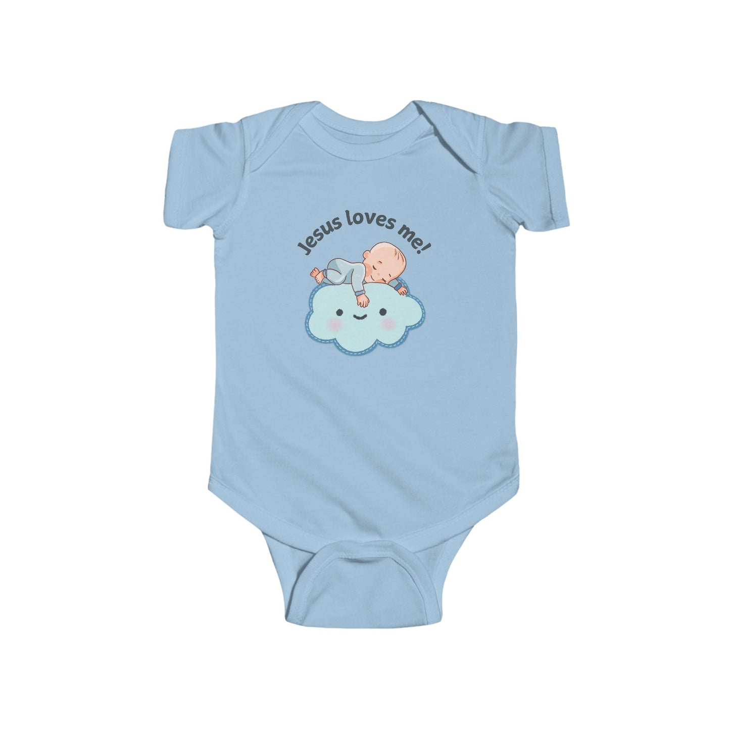 A light blue baby bodysuit with the text "Jesus loves me!" in black. The bodysuit also features a cute illustration of a baby sleeping on a cloud.