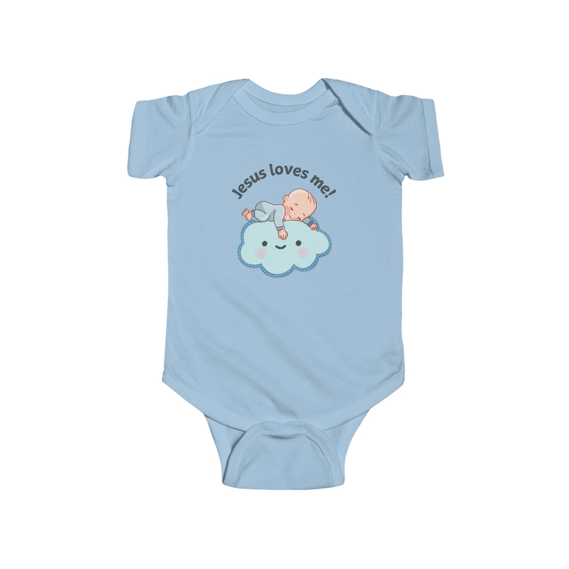 A light blue baby bodysuit with the text "Jesus loves me!" in black. The bodysuit also features a cute illustration of a baby sleeping on a cloud.