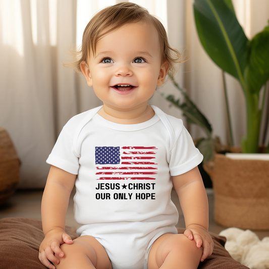 Baby onesie with "Jesus Christ Our Only Hope" design