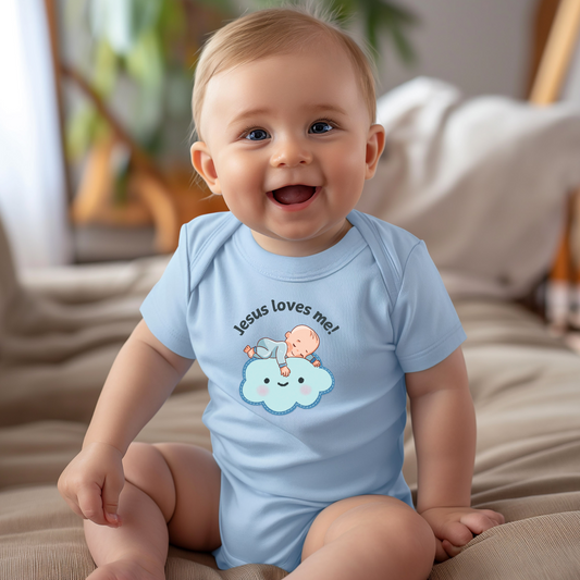 A photo of a smiling baby sitting on a bed, wearing a light blue bodysuit with the text "Jesus loves me!" in black. The bodysuit also features a cute illustration of a baby sleeping on a cloud.
